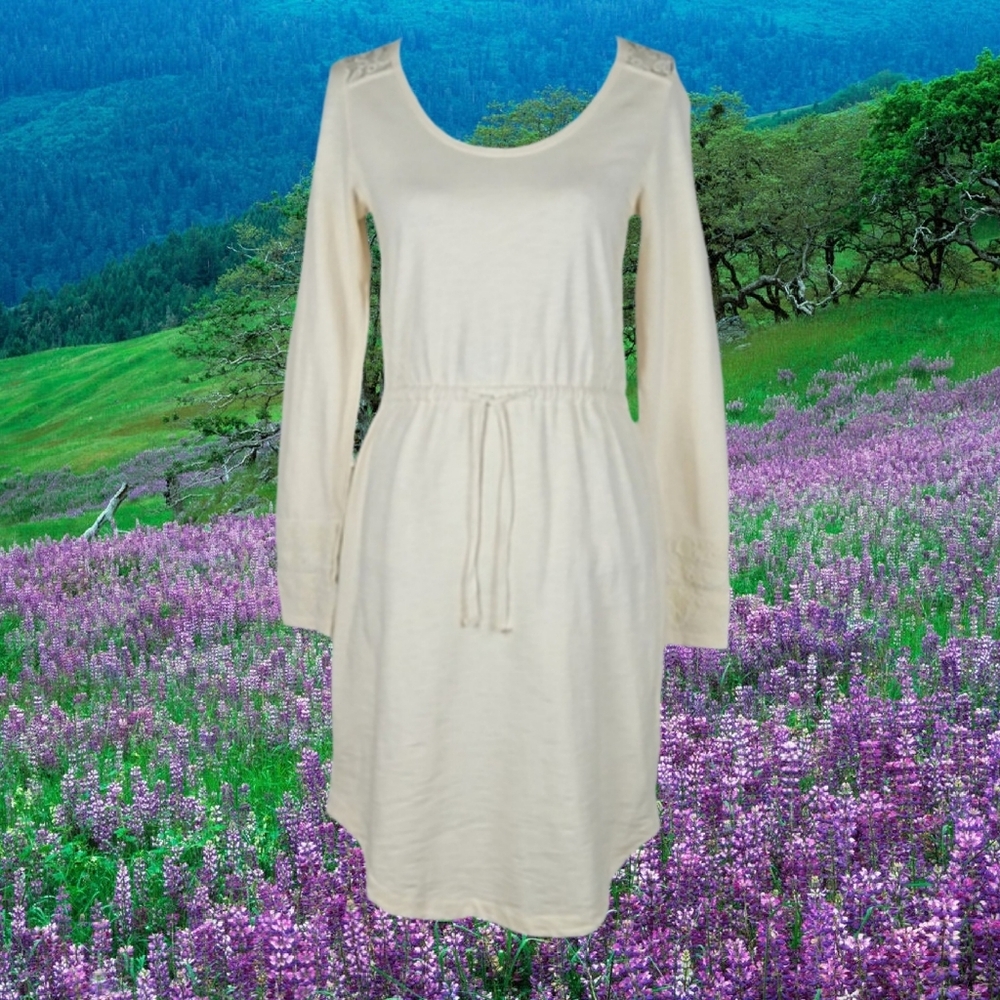 Cream Cotton Cottagecore Long Sleeve Lace Trim Casual Coastal Cowgirl Dress, S